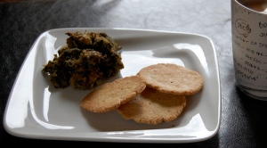 Mathri with potato-turnip greens curry